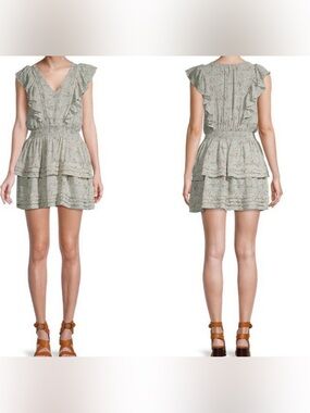 Smocked Waist Sage Floral Mini Dress with Ruffle Sleeves